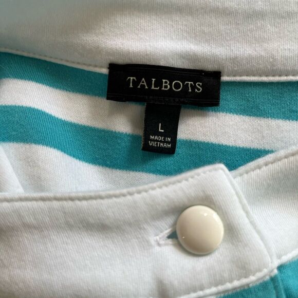 Talbots Teal Blue White Striped Henley Button Shirt Top Tunic Large Pima Cotton - Picture 4 of 4